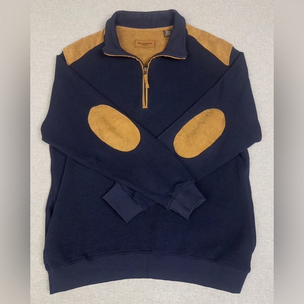 VTG 1/4 Zip Sweater Coat Mens XL Navy Suede Elbow Patch Y2K Popover Pockets Hunt
